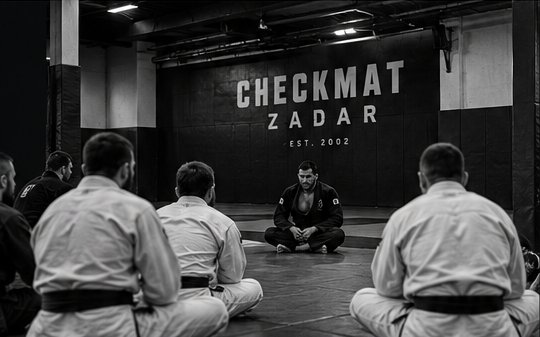 Članovi kluba sjede na tatamiju ispred zida s logom Checkmat Zadar