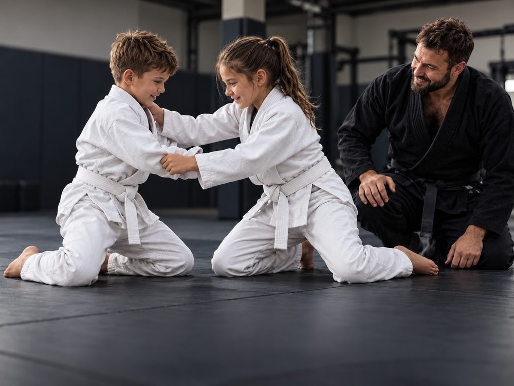Djeca vježbaju jiu-jitsu uz trenera